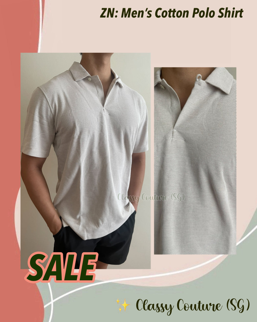 SALE! ZN Men’s Single-button Honeycomb Cotton Polo Shirt in Light Beige