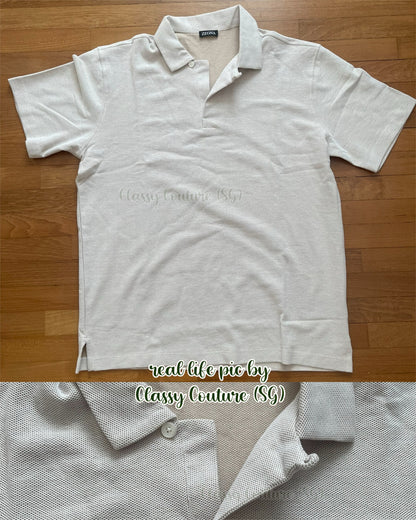 SALE! ZN Men’s Single-button Honeycomb Cotton Polo Shirt in Light Beige