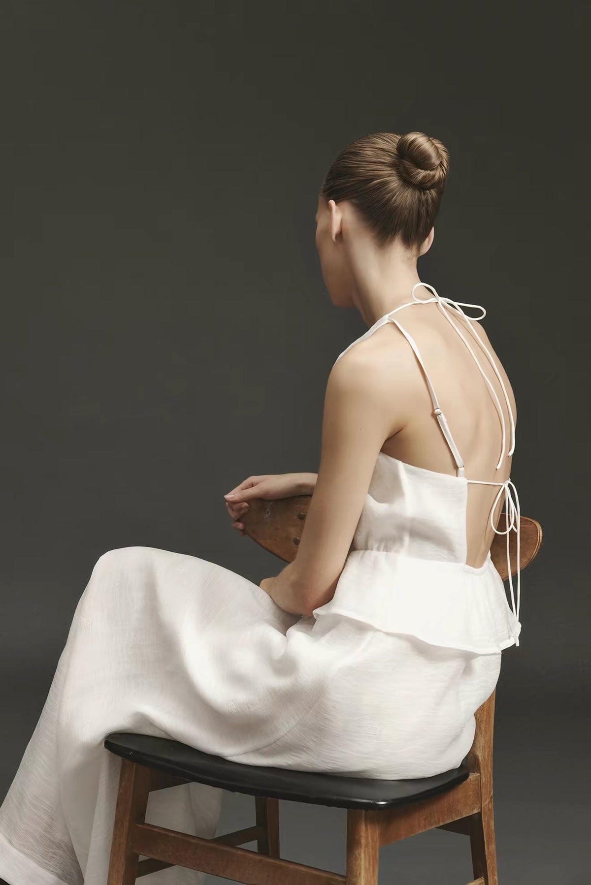 Thetis Halter Tie-back Peplum Top | Maxi Dress Gown in White Chiffon