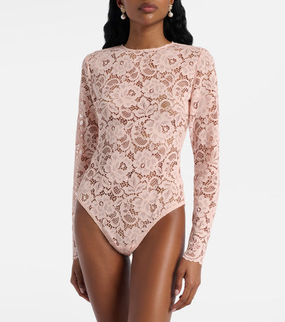 SP Beige-pink Floral Lace BodySuit One-piece | White Cotton Asymmetrical Midi Skirt | Set