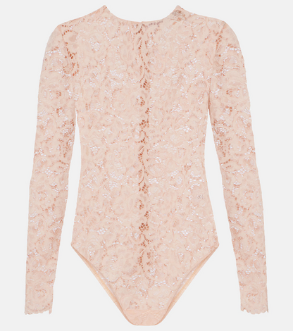 SP Beige-pink Floral Lace BodySuit One-piece | White Cotton Asymmetrical Midi Skirt | Set