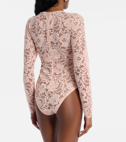 SP Beige-pink Floral Lace BodySuit One-piece | White Cotton Asymmetrical Midi Skirt | Set