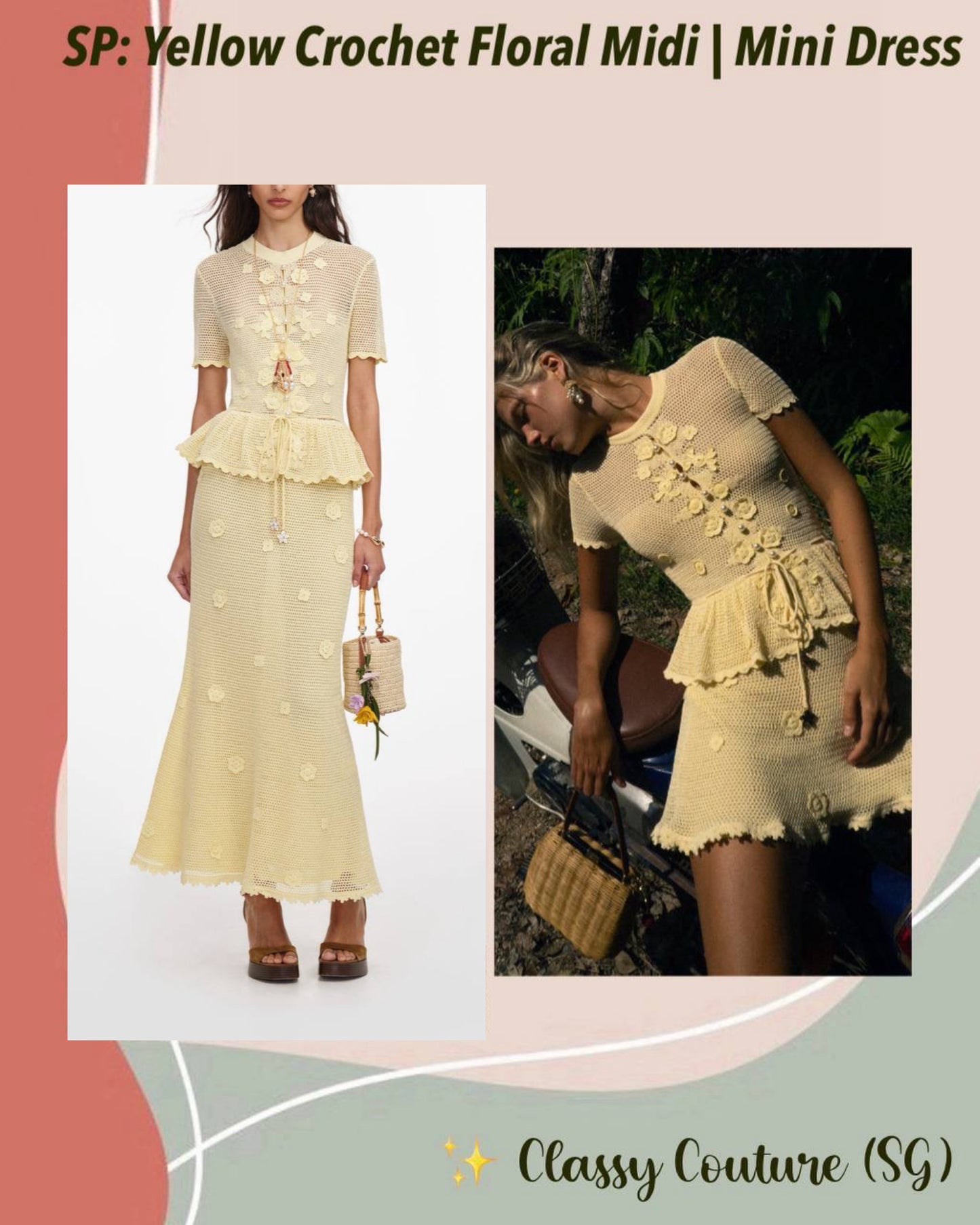 SP Yellow Crochet Floral Mini | Midi Dress