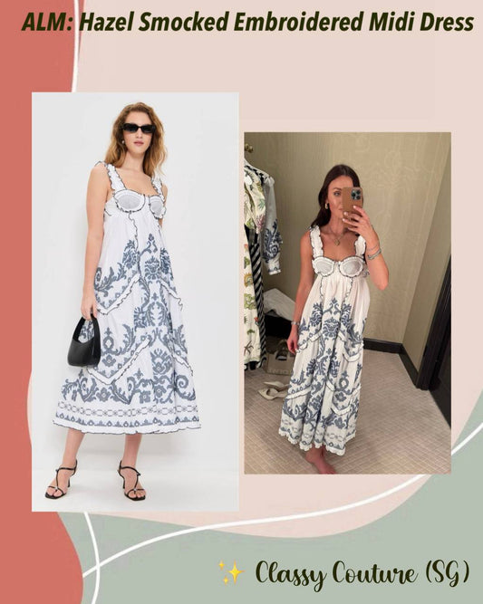 ALM Hazel Smocked Embroidered Sundress Midi Dress