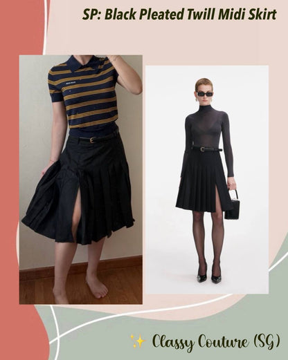 SP Black Pleated Twill Midi Skirt (with belt)