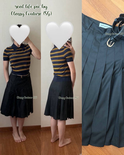 SP Black Pleated Twill Midi Skirt (with belt)