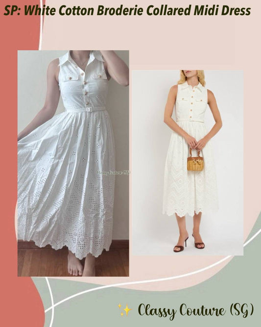 SP White Cotton Broderie Collared Midi Dress