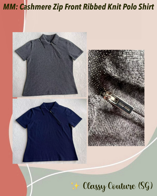 MM Cashmere Asymmetric Zip Front Ribbed Knit Polo Shirt