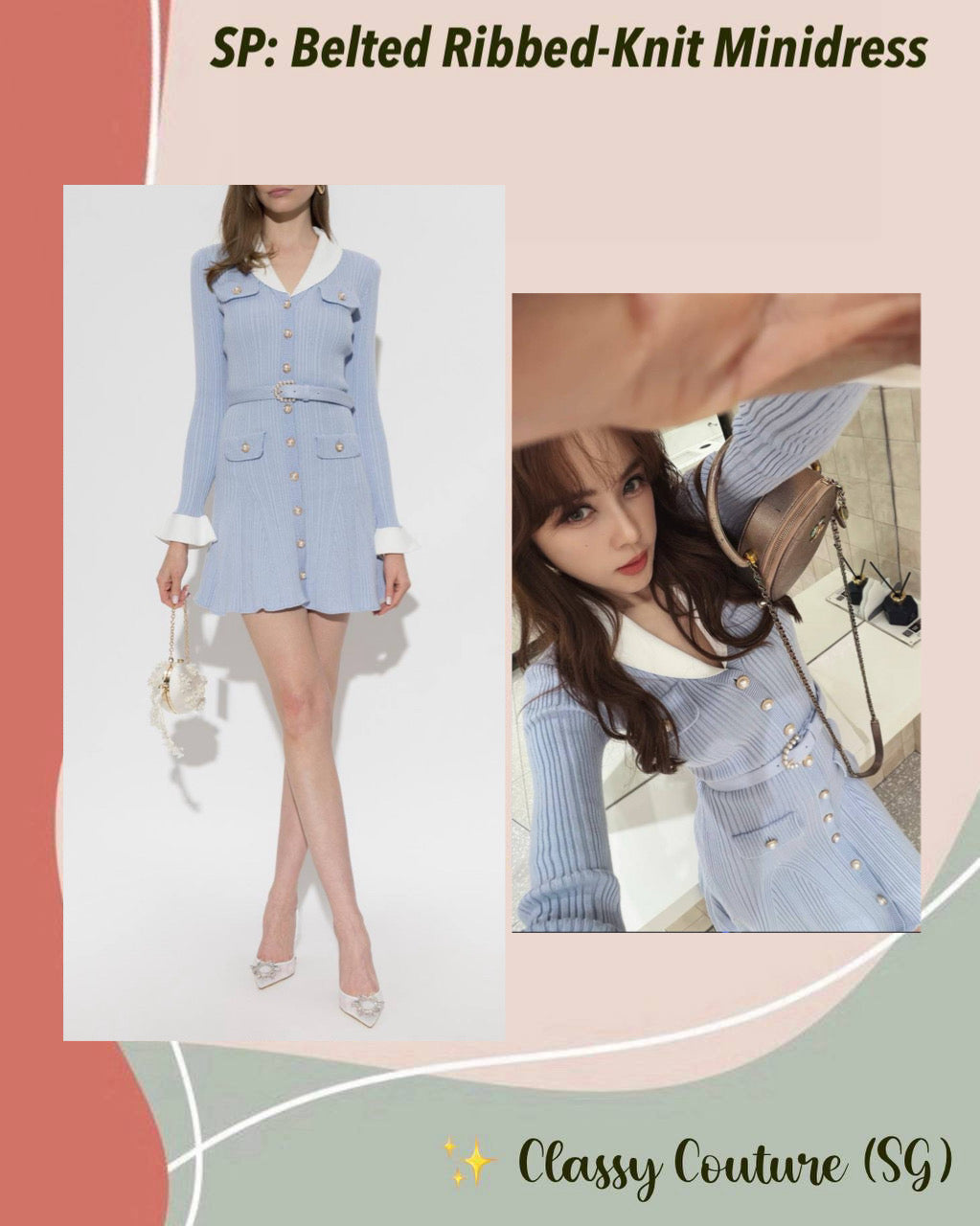 SP Blue Ribbed Viscose-blend Knit Contrast Collar Mini Dress