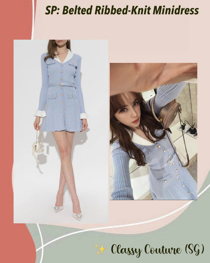 SP Blue Ribbed Viscose-blend Knit Contrast Collar Mini Dress