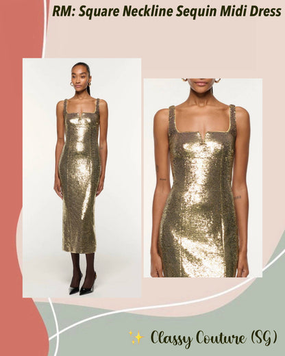 RM Gold Square Neckline Sequin Cocktail Midi Dress