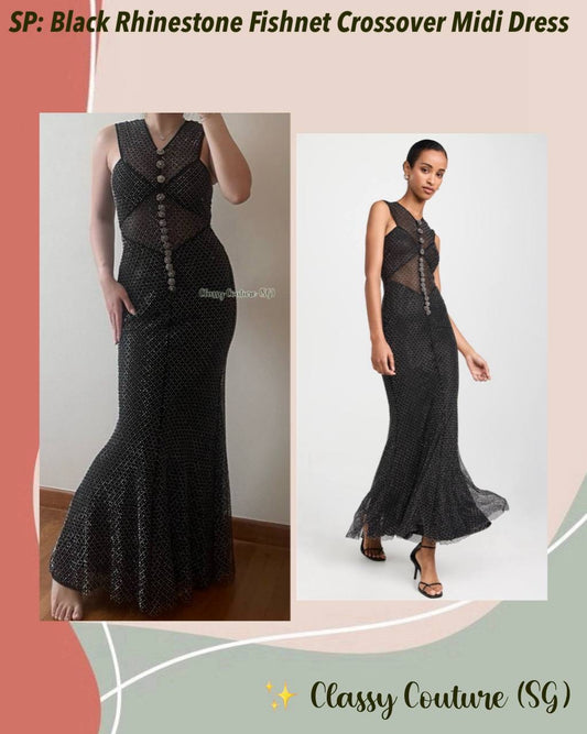SP Black Rhinestone Fishnet Crossover Midi Dress