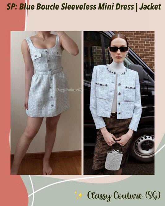 SP Blue Boucle Sleeveless Mini Dress | Cropped Jacket | Set