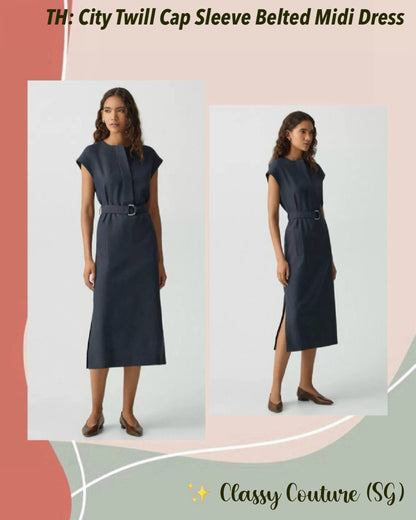 TH City Twill Cap Sleeve Belted Trapunto Midi Dress in Navy