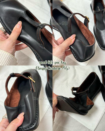 TR Square T-Strap Leather Flats Shoes