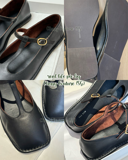 TR Square T-Strap Leather Flats Shoes