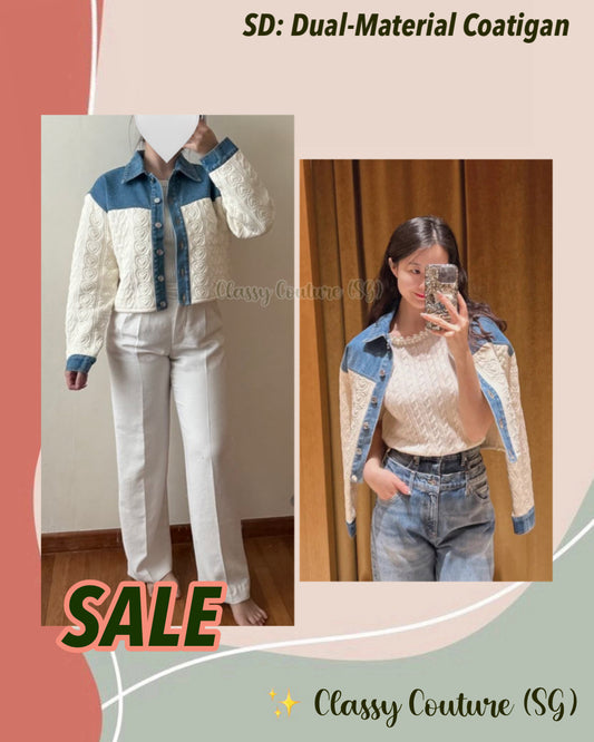 SALE! SD Dual-Material Coatigan Denim Jacket with Heart Motifs