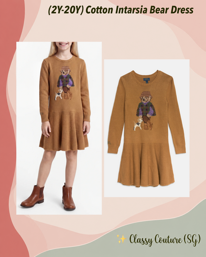 (2Y-20Y) Kid's/Women’s Cotton Intarsia Knit Bear & Dog Jumper Mini Dress