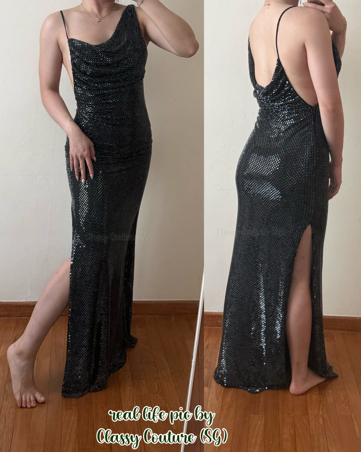 SP Black Rhinestone Draped Cowl Asymmetric Maxi Dress