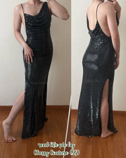 SP Black Rhinestone Draped Cowl Asymmetric Maxi Dress