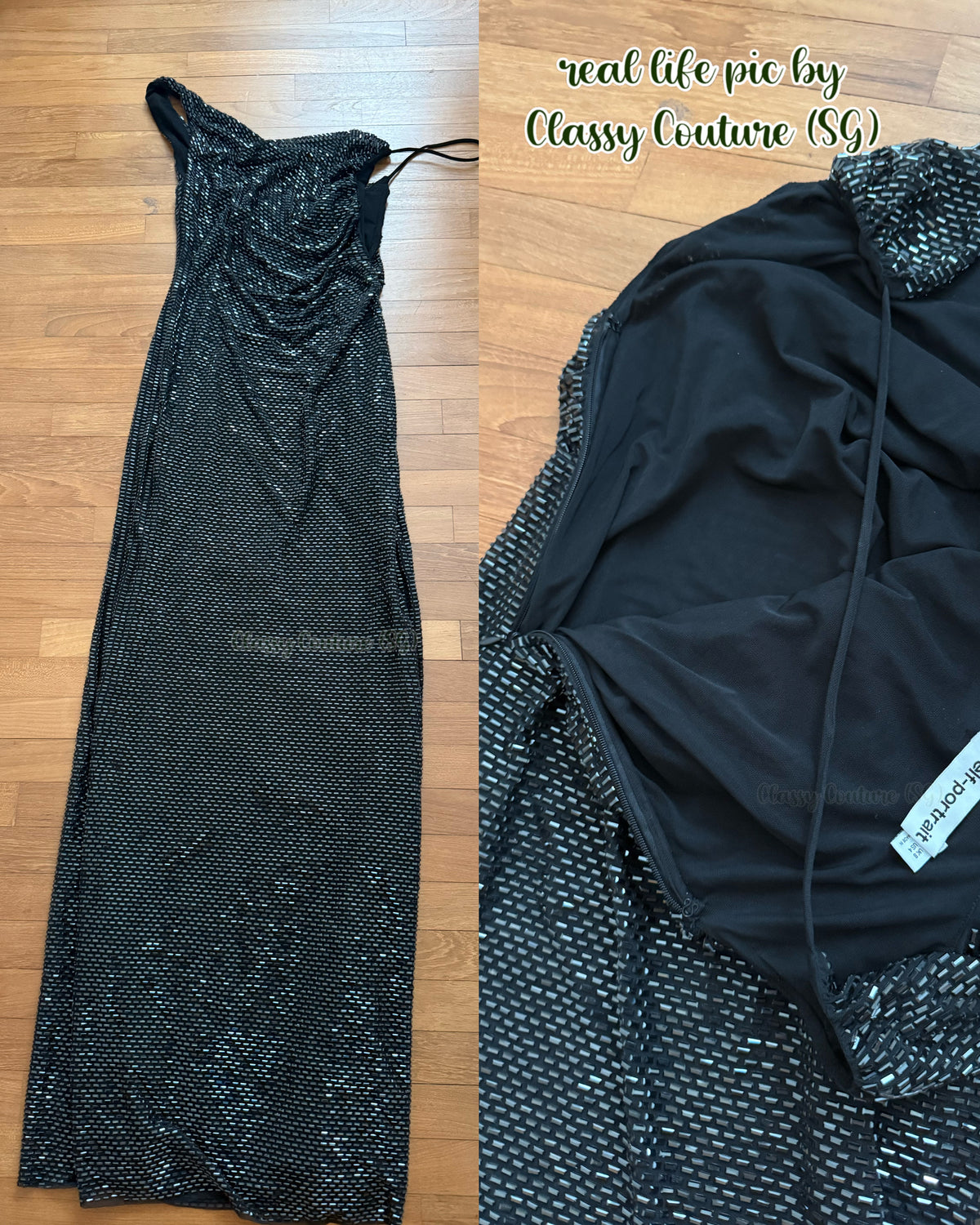 SP Black Rhinestone Draped Cowl Asymmetric Maxi Dress