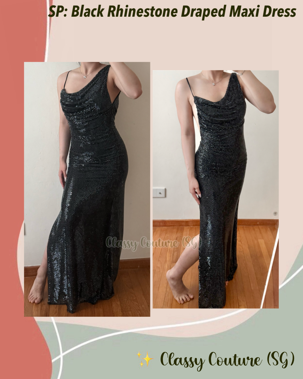 SP Black Rhinestone Draped Cowl Asymmetric Maxi Dress