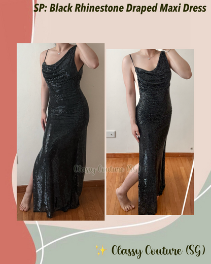SP Black Rhinestone Draped Cowl Asymmetric Maxi Dress