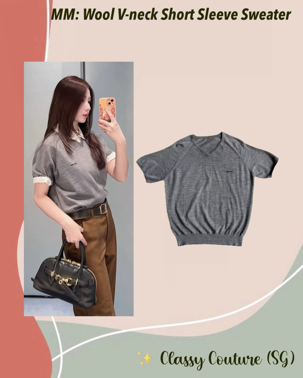 MM Wool Intarsia Knit V-neck Short Sleeve Sweater Top in Gray/Black