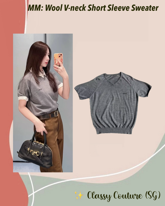 MM Wool Intarsia Knit V-neck Short Sleeve Sweater Top in Gray/Black