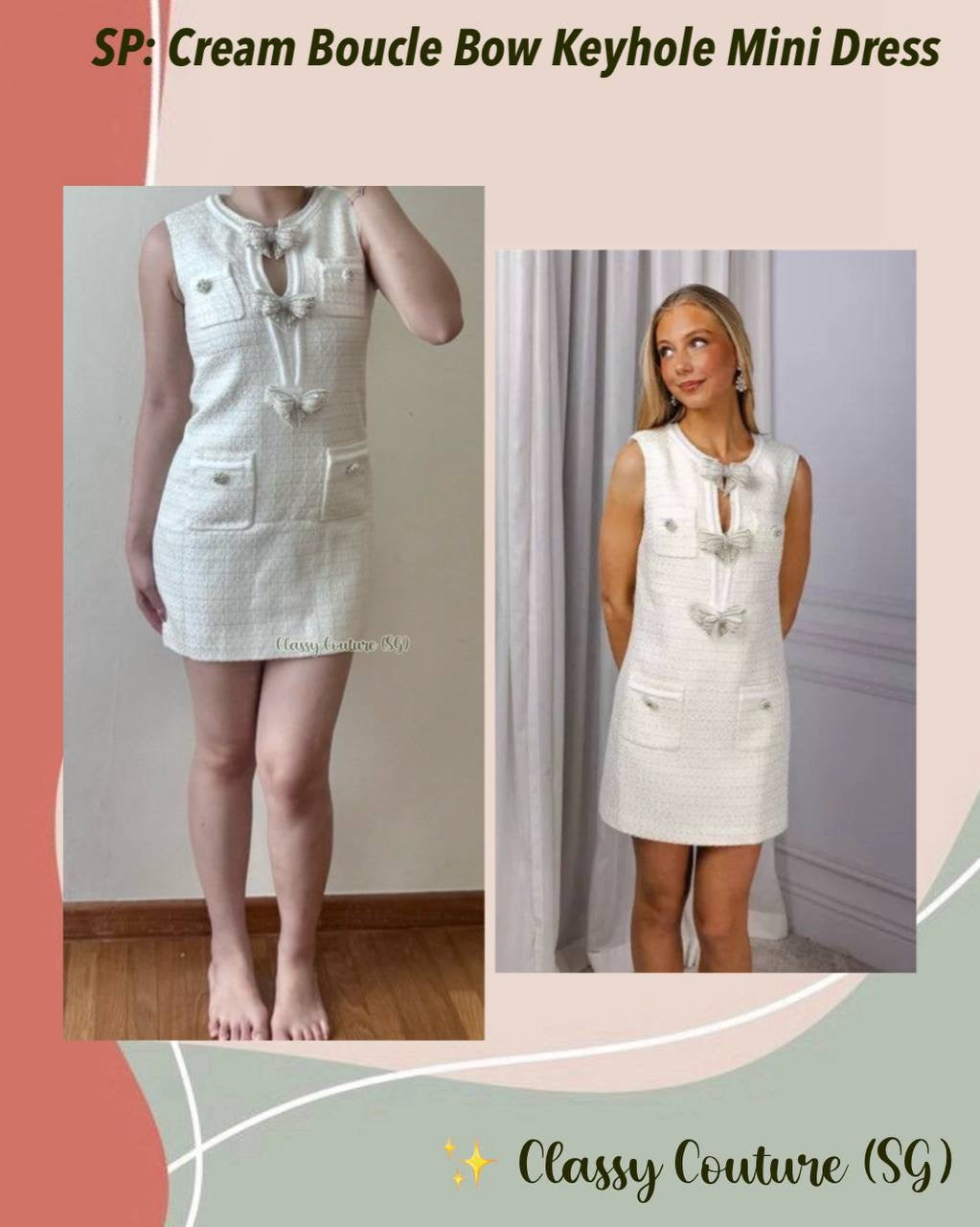 SP Cream Boucle Bow Keyhole Mini Dress