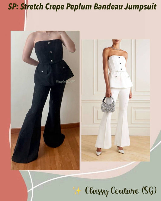 SP Black & White Stretch Crepe Peplum Sleeveless Bandeau Jumpsuit