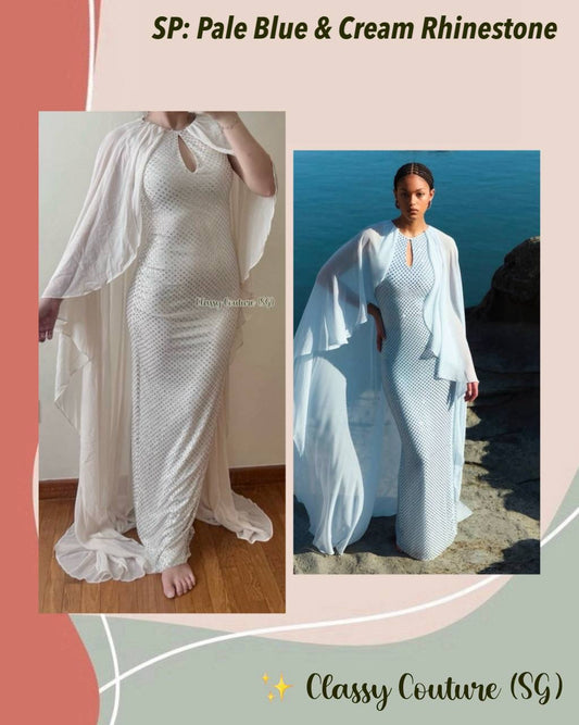 SP Pale Blue & Cream Rhinestone Cape Maxi Dress