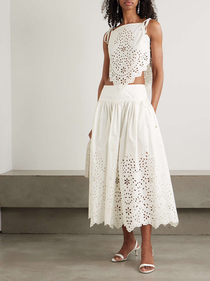 SP White Cotton Embroidered Cami Top | Midi Skirt | Set