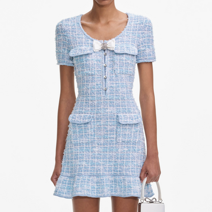 SP Blue Check Knit Short Sleeve Mini Dress