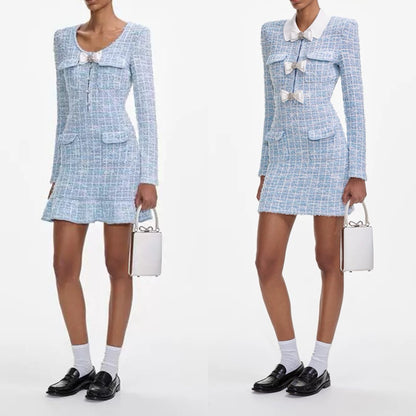 SP Blue Check Knit Long Sleeve Mini Dress - Collared and No Collar