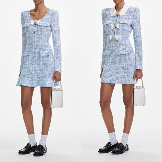 SP Blue Check Knit Long Sleeve Mini Dress - Collared and No Collar