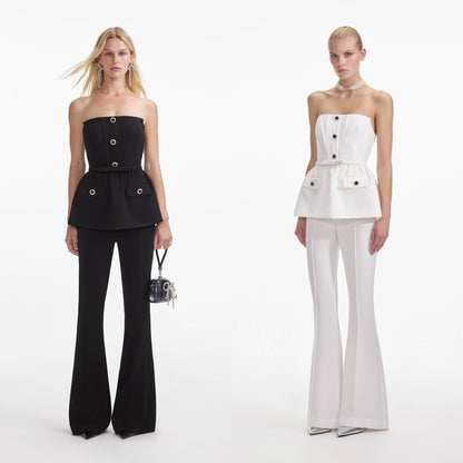 SP Black & White Stretch Crepe Peplum Bandeau Jumpsuit