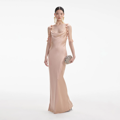 SP Satin Flower Maxi Dress in Rose Gold, Green, Yellow