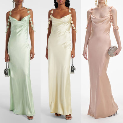 SP Satin Flower Maxi Dress in Rose Gold, Green, Yellow