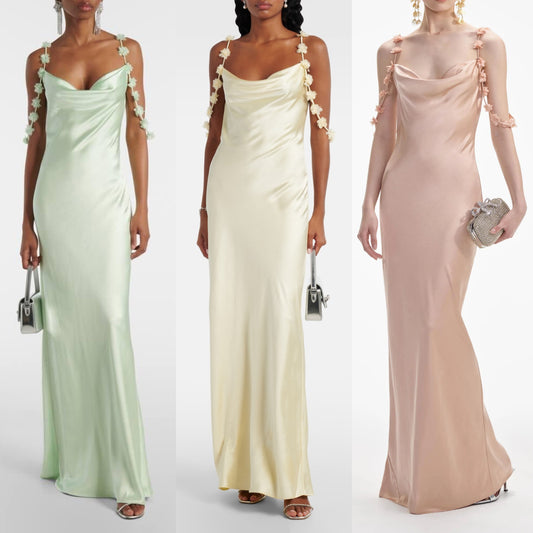 SP Satin Flower Maxi Dress in Rose Gold, Green, Yellow