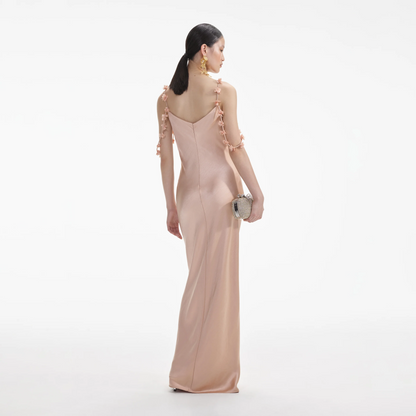 SP Satin Flower Maxi Dress in Rose Gold, Green, Yellow