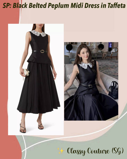 SP Black Belted Peplum Contrast Lace Collar Taffeta Midi Dress