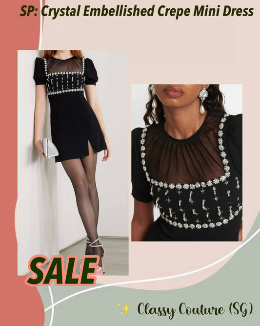 SALE! SP Blacked Tulle-panelled Crystal Embellished Crepe Puff Sleeve Mini Dress