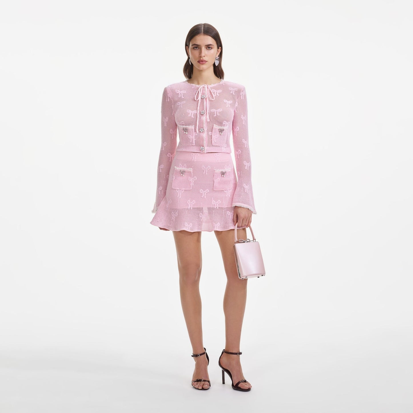 SP Pink Bow Crochet Cardigan | Mini Skirt | Set