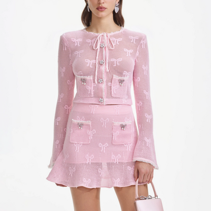 SP Pink Bow Crochet Cardigan | Mini Skirt | Set
