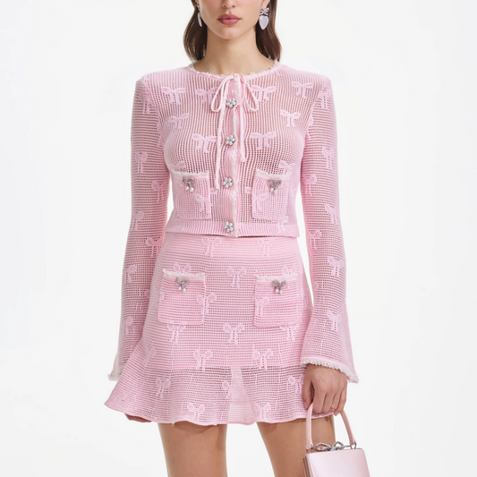 SP Pink Bow Crochet Cardigan | Mini Skirt | Set