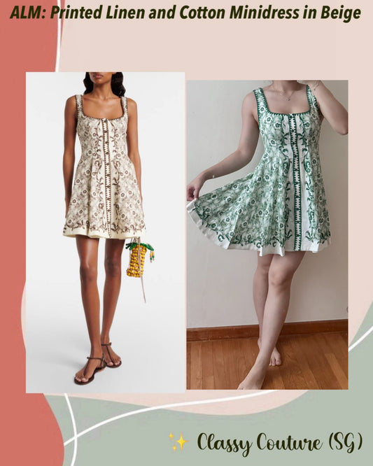 ALM Printed Linen-Cotton Mini Dress in Cream/Brown