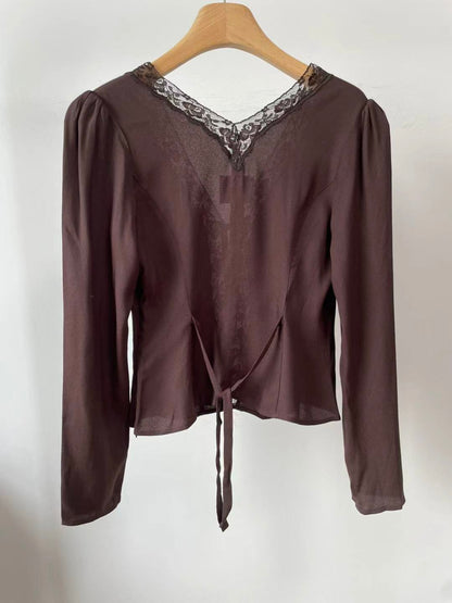Ref Nadene Viscose-blend Long Sleeved Lace Top in Mole Brown