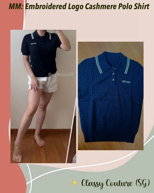 MM Embroidered Logo Cashmere Polo Shirt in Navy Blue