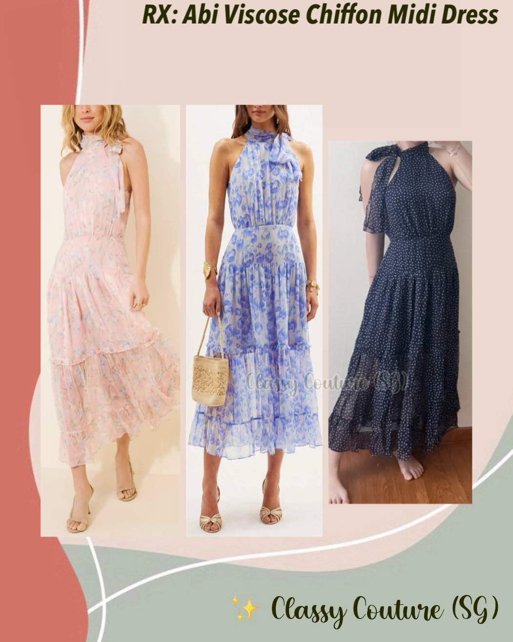 3 Colors! RX Pussybow Abi Viscose Georgette Chiffon Midi Dress